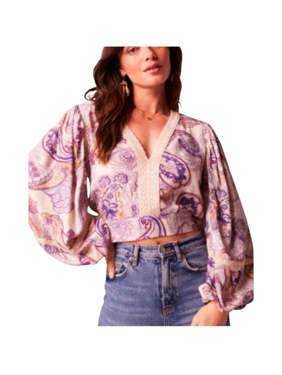 Band Of The Free Tops - Band the Free Mirabelle Cream and Purple Cropped Blouse Size Large